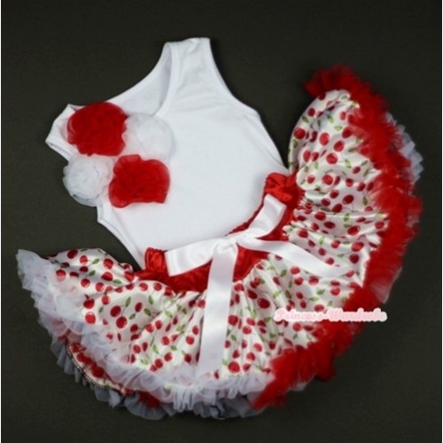 White Baby Pettitop with Bunch of Red White Rosettes &White Cherry Baby Pettiskirt  NG1026 