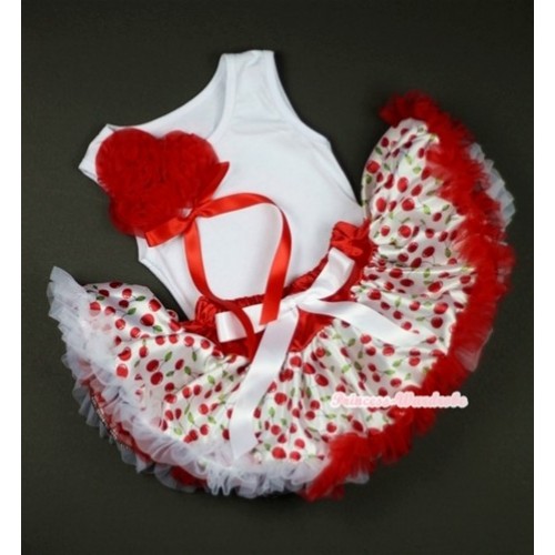 White Baby Pettitop with Bunch of Red Rosettes &Red Bow &White Cherry Baby Pettiskirt  NG1027 