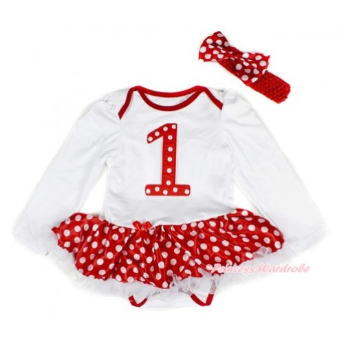 White Long Sleeve Baby Bodysuit Jumpsuit Minnie Dots White Pettiskirt With 1st Red White Dots Birthday Number Print & Red Headband Minnie Dots Satin Bow JS2375 