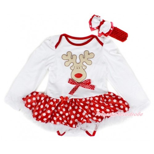 Xmas White Long Sleeve Baby Bodysuit Jumpsuit Minnie Dots White Pettiskirt With Christmas Reindeer Print & Minnie Dots & Red Headband White Minnie Dots Ribbon Bow JS2379 