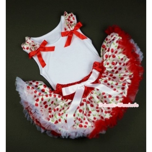 White Baby Pettitop & White Cherry Ruffles & Hot Red Bows with White Cherry Baby Pettiskirt NG1033 
