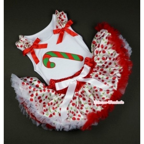 White Baby Pettitop with Christmas Stick Print with White Cherry Ruffles & Red Bows & White Cherry Newborn Pettiskirt NN08 