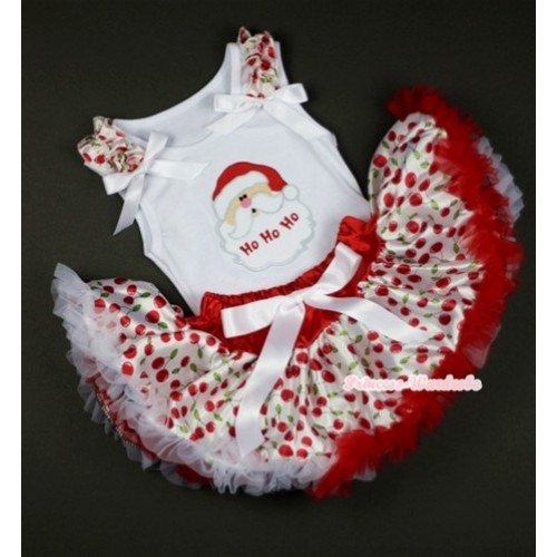 White Baby Pettitop with Santa Claus Print with White Cherry Ruffles & White Bows & White Cherry Newborn Pettiskirt NN09 