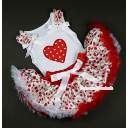 White Baby Pettitop with Red White Polka Dots Heart Print with White Cherry Ruffles & White Bows & White Cherry Newborn Pettiskirt NN10 