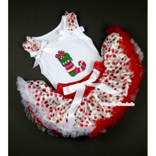 White Baby Pettitop with Christmas Stocking Print with White Cherry Ruffles & White Bows & White Cherry Newborn Pettiskirt NN14 