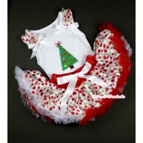White Baby Pettitop with Christmas Tree Print with White Cherry Ruffles & White Bows & White Cherry Newborn Pettiskirt NN15 