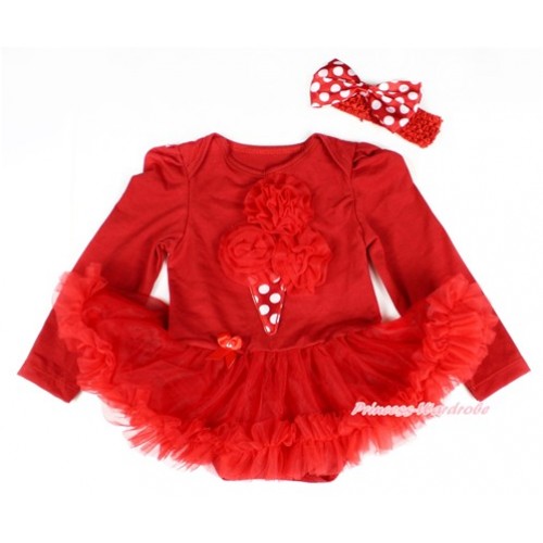 Red Long Sleeve Baby Bodysuit Jumpsuit Red Pettiskirt With Red Rosttes Minnie Dots Ice Cream Print & Red Headband Minnie Dots Satin Bow JS2382 