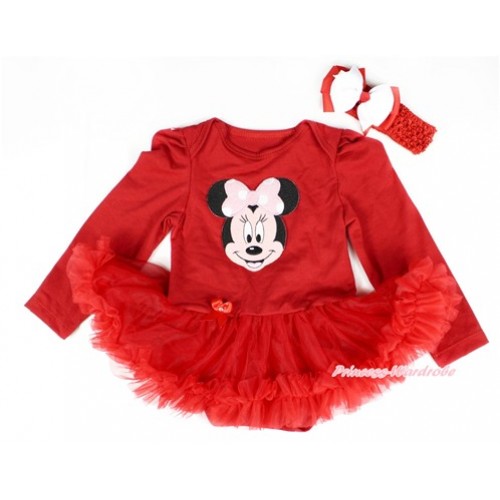 Red Long Sleeve Baby Bodysuit Jumpsuit Red Pettiskirt With Light Pink Minnie Print & Red Headband White Red Ribbon Bow JS2386 