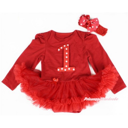 Red Long Sleeve Baby Bodysuit Jumpsuit Red Pettiskirt With 1st Red White Dots Birthday Number Print & Red Headband Minnie Dots Silk Bow JS2387 