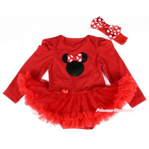 Red Long Sleeve Baby Bodysuit Jumpsuit Red Pettiskirt With Minnie Print & Red Headband Minnie Dots Satin Bow JS2390 