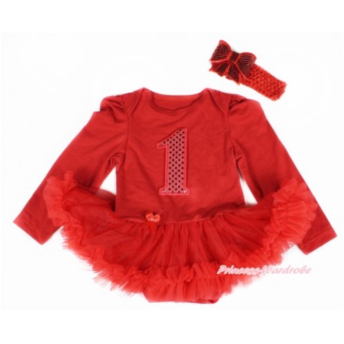 Red Long Sleeve Baby Bodysuit Jumpsuit Red Pettiskirt With 1st Sparkle Red Birthday Number Print & Red Headband Sparkle Red Bow JS2392 