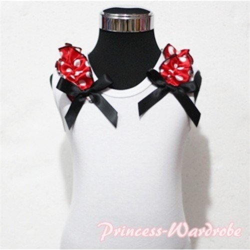 White Tank Top with Black Ribbon and Red White Polka Dot ruffles T308 
