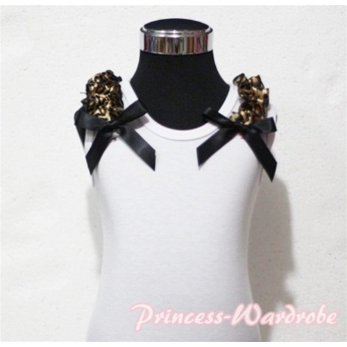 White Tank Top with Black Ribbon and Black Leopard ruffles T313 