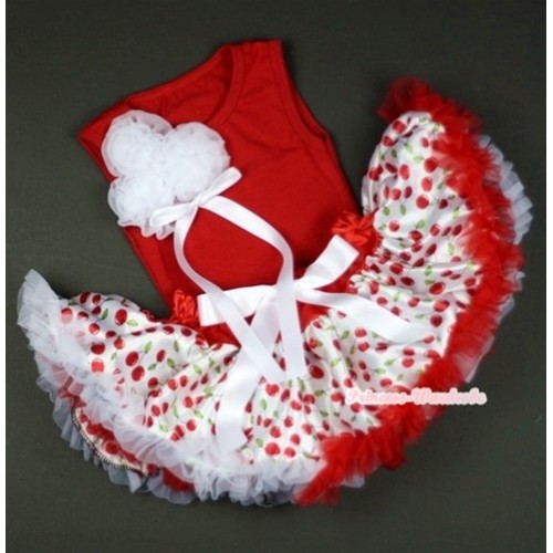 Hot Red Baby Pettitop & Bunch of White Rosettes & White Bow with White Cherry Baby Pettiskirt NG1036 