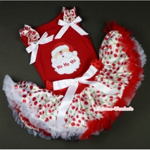 Red Baby Pettitop In Santa Claus Print with White Cherry Ruffles White Bow with White Cherry Baby Pettiskirt NG1038 