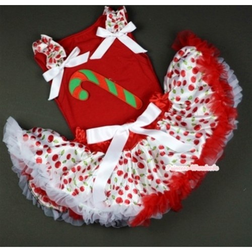 Red Baby Pettitop In Christmas Stick Print with White Cherry Ruffles White Bow with White Cherry Baby Pettiskirt NG1039 