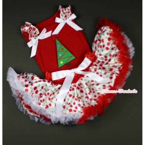 Red Baby Pettitop In Christmas Tree Print with White Cherry Ruffles White Bow with White Cherry Baby Pettiskirt NG1044 