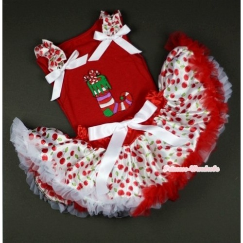 Red Baby Pettitop In Christmas Stocking Print with White Cherry Ruffles White Bow with White Cherry Baby Pettiskirt NG1045 