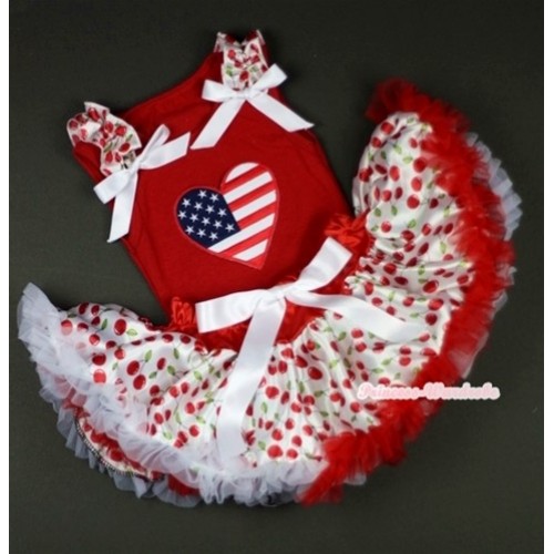 Red Baby Pettitop In America Flag Heart Print with White Cherry Ruffles White Bow with White Cherry Baby Pettiskirt NG1046 