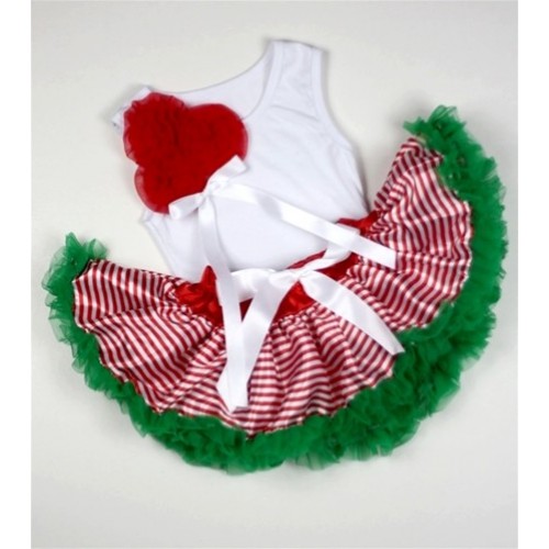 White Baby Pettitop with Bunch of Red Rosettes &White Bow with Red White Striped mix Christmas Green Newborn Pettiskirt  NG1049 