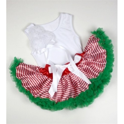 White Baby Pettitop with Bunch of White Rosettes &White Bow with Red White Striped mix Christmas Green Newborn Pettiskirt  NG1050 