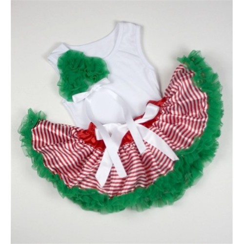 White Baby Pettitop with Bunch of Kelly Green Rosettes &White Bow with Red White Striped mix Christmas Green Newborn Pettiskirt  NG1051 