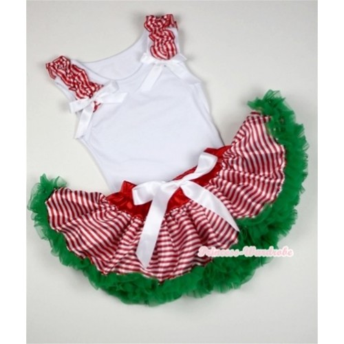 White Baby Pettitop & Red White Striped Ruffles & White Bows with Red White Striped mix Christmas Green Newborn Pettiskirt NG1052 