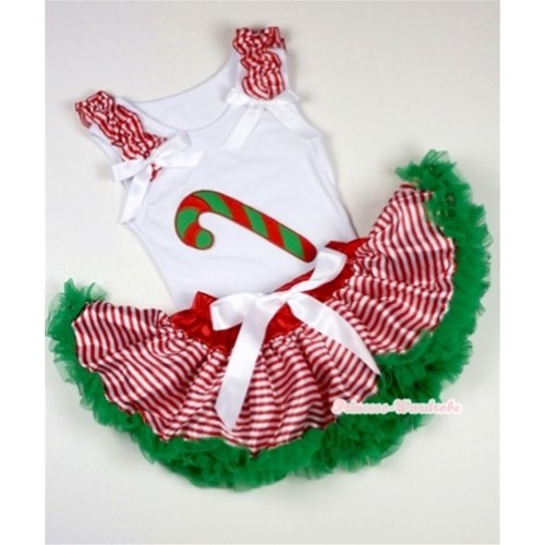 White Baby Pettitop with Christmas Stick Print with Red White Striped Ruffles & White Bows with Red White Striped mix Christmas Green Newborn Pettiskirt NN16 