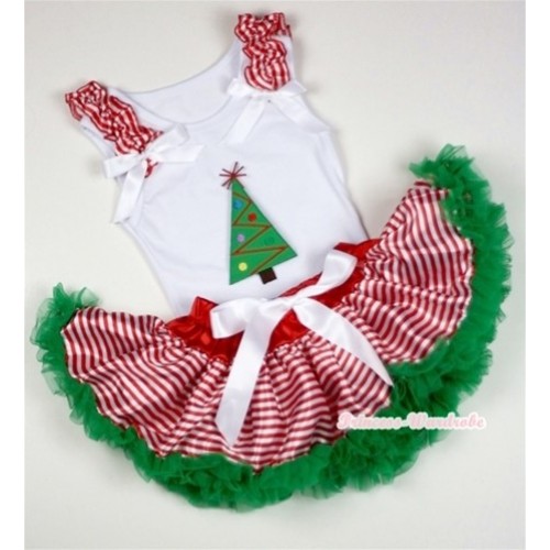 White Baby Pettitop with Christmas Tree Print with Red White Striped Ruffles & White Bows with Red White Striped mix Christmas Green Newborn Pettiskirt NN17 