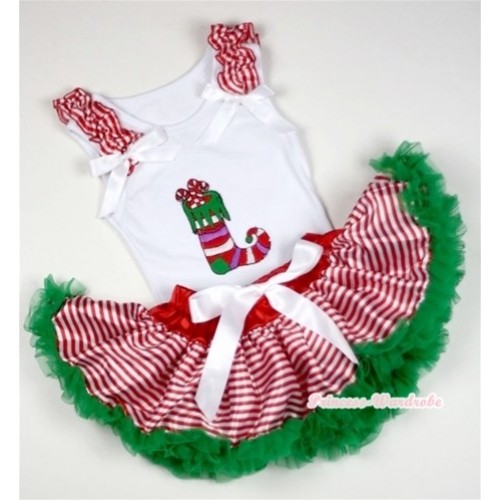 White Baby Pettitop with Christmas Stocking Print with Red White Striped Ruffles & White Bows with Red White Striped mix Christmas Green Newborn Pettiskirt NN18 
