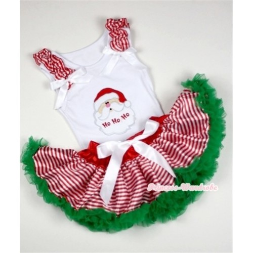 White Baby Pettitop with Santa Claus Print with Red White Striped Ruffles & White Bows with Red White Striped mix Christmas Green Newborn Pettiskirt NN19 