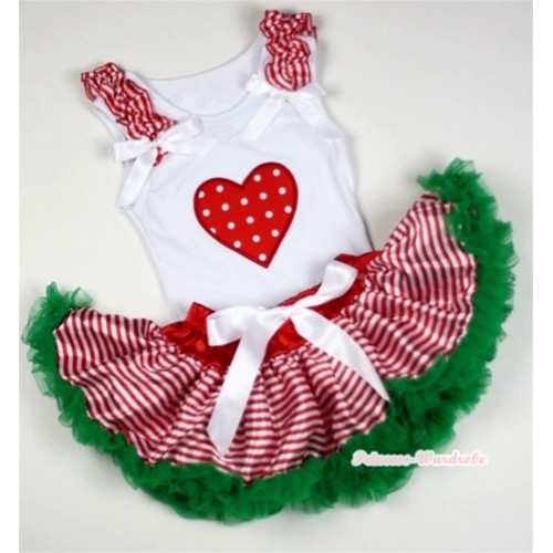 White Baby Pettitop with Red White Polka Dots Heart Print with Red White Striped Ruffles & White Bows with Red White Striped mix Christmas Green Newborn Pettiskirt NN23 