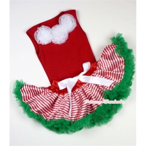 Red Baby Pettitop &White Rosettes with Red White Striped mix Christmas Green Newborn Pettiskirt NG1064 