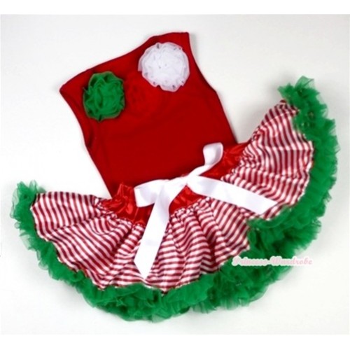 Red Baby Pettitop &Kelly Green Red White Rosettes with Red White Striped mix Christmas Green Newborn Pettiskirt NG1067 