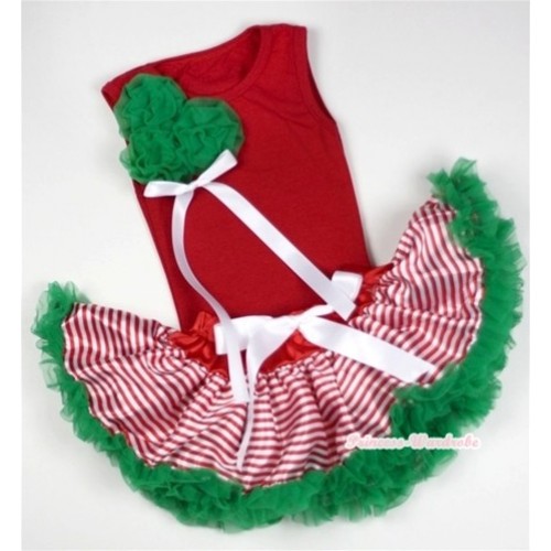 Red Baby Pettitop & Bunch of Kelly Green Rosettes & White Bow with Red White Striped mix Christmas Green Baby Pettiskirt NG1062 