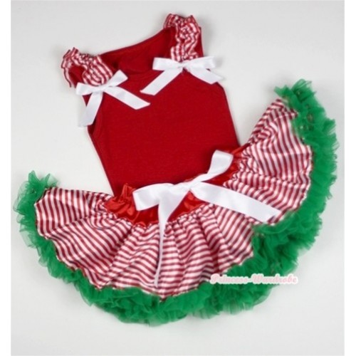 Red Baby Pettitop & Red White Striped Ruffles & White Bows with Red White Striped mix Christmas Green Baby Pettiskirt NG1070 