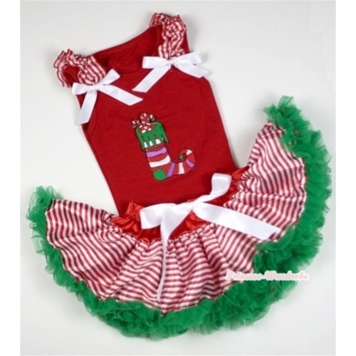Red Baby Pettitop In Christmas Stocking Print with Red White Striped Ruffles White Bow with Red White Striped mix Christmas Green Baby Pettiskirt NG1060 