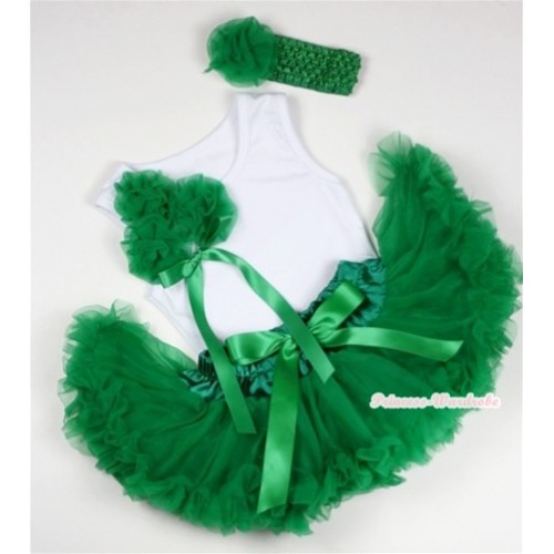White Baby Pettitop with Bunch of Kelly Green Rosettes&Kelly Green Bow with Kelly Green Newborn Pettiskirt &Green Headband Green Bow 3PC Set NG1073 