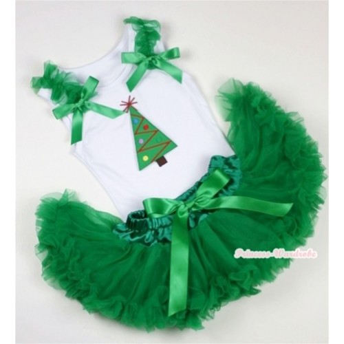 White Baby Pettitop with Christmas Tree Print with Kelly Green Ruffles & Kelly Green Bows with Kelly Green Newborn Pettiskirt NN24 
