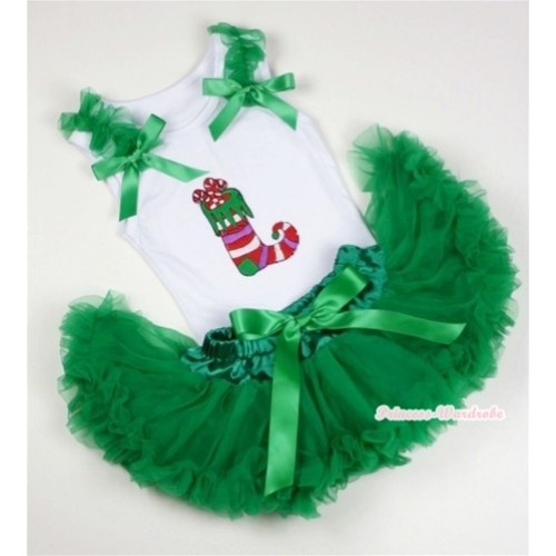 White Baby Pettitop with Christmas Stocking Print with Kelly Green Ruffles & Kelly Green Bows with Kelly Green Newborn Pettiskirt NN25 