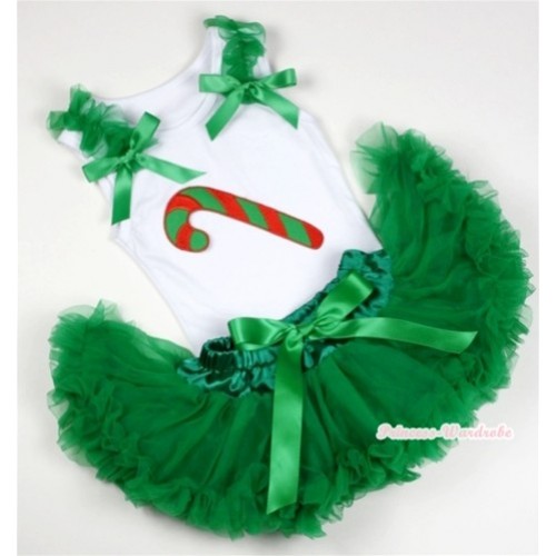 White Baby Pettitop with Christmas Stick Print with Kelly Green Ruffles & Kelly Green Bows with Kelly Green Newborn Pettiskirt NN26 