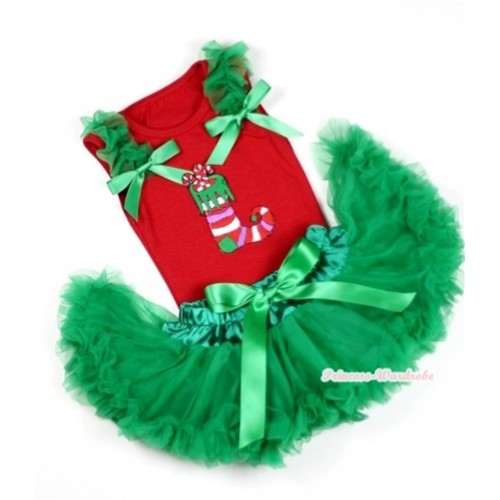 Red Baby Pettitop In Christmas Stocking Print with Kelly Green Ruffles Kelly Green Bow with Kelly Green Baby Pettiskirt NG1079 
