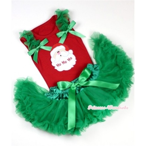 Red Baby Pettitop In Santa Claus Print with Kelly Green Ruffles Kelly Green Bow with Kelly Green Baby Pettiskirt NG1080 