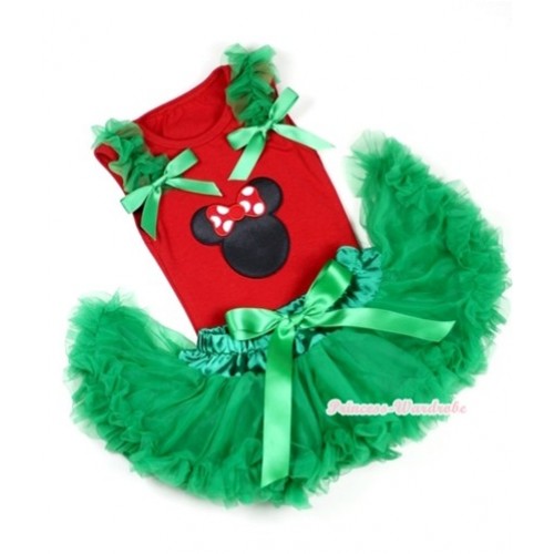 Red Baby Pettitop In Minnie Print with Kelly Green Ruffles Kelly Green Bow with Kelly Green Baby Pettiskirt NG1081 
