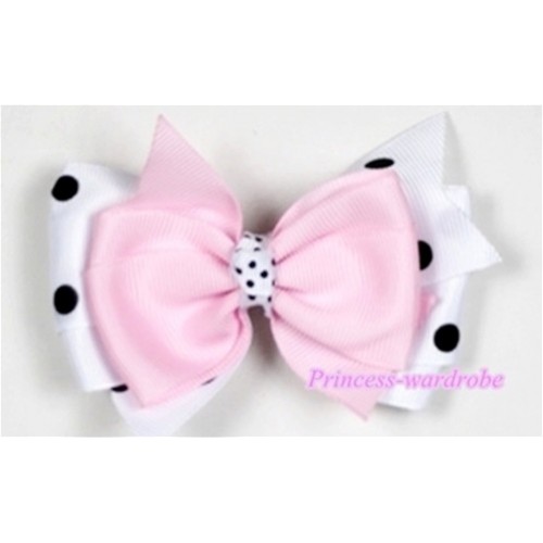 Light Pink & White Black Polka Dots Ribbon Bow Hair Clip H497 