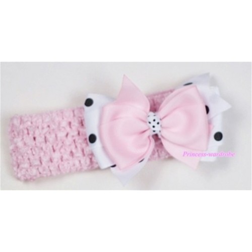 Light Pink Headband with Light Pink &White Black Polka Dots Ribbon Hair Bow Clip H504 