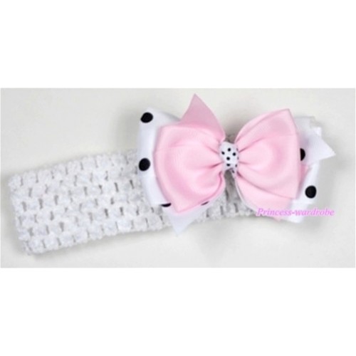 White Headband with Light Pink &White Black Polka Dots Ribbon Hair Bow Clip H505 