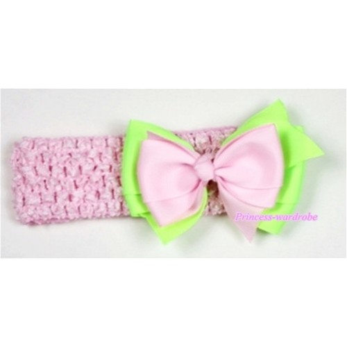 Light Pink Headband with Light Pink &Lime Green Ribbon Hair Bow Clip H508 
