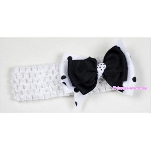 White Headband with Black &White Black Polka Dots Ribbon Hair Bow Clip H509 