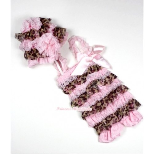 Light Pink Brown Leopard Lace Petti Rompers with Straps with Lace Hat Set RH91 